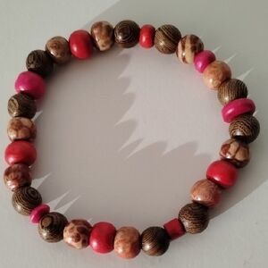 Wooden Beaded Bracelet with Pink and Brown Accents